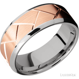 8 mm wide/Beveled/14K White Gold band with one 6 mm Centered inlay of 14K Rose Gold with a machined Flatweave pattern.
