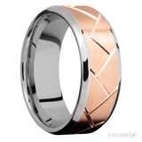 8 mm wide/Beveled/14K White Gold band with one 6 mm Centered inlay of 14K Rose Gold with a machined Flatweave pattern.