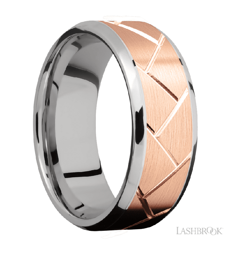 8 mm wide/Beveled/14K White Gold band with one 6 mm Centered inlay of 14K Rose Gold with a machined Flatweave pattern.
