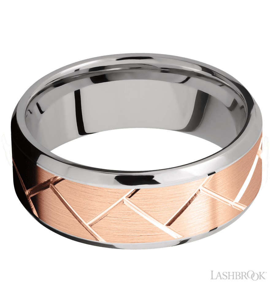 8 mm wide/Beveled/14K White Gold band with one 6 mm Centered inlay of 14K Rose Gold with a machined Flatweave pattern.