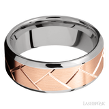 8 mm wide/Beveled/14K White Gold band with one 6 mm Centered inlay of 14K Rose Gold with a machined Flatweave pattern.