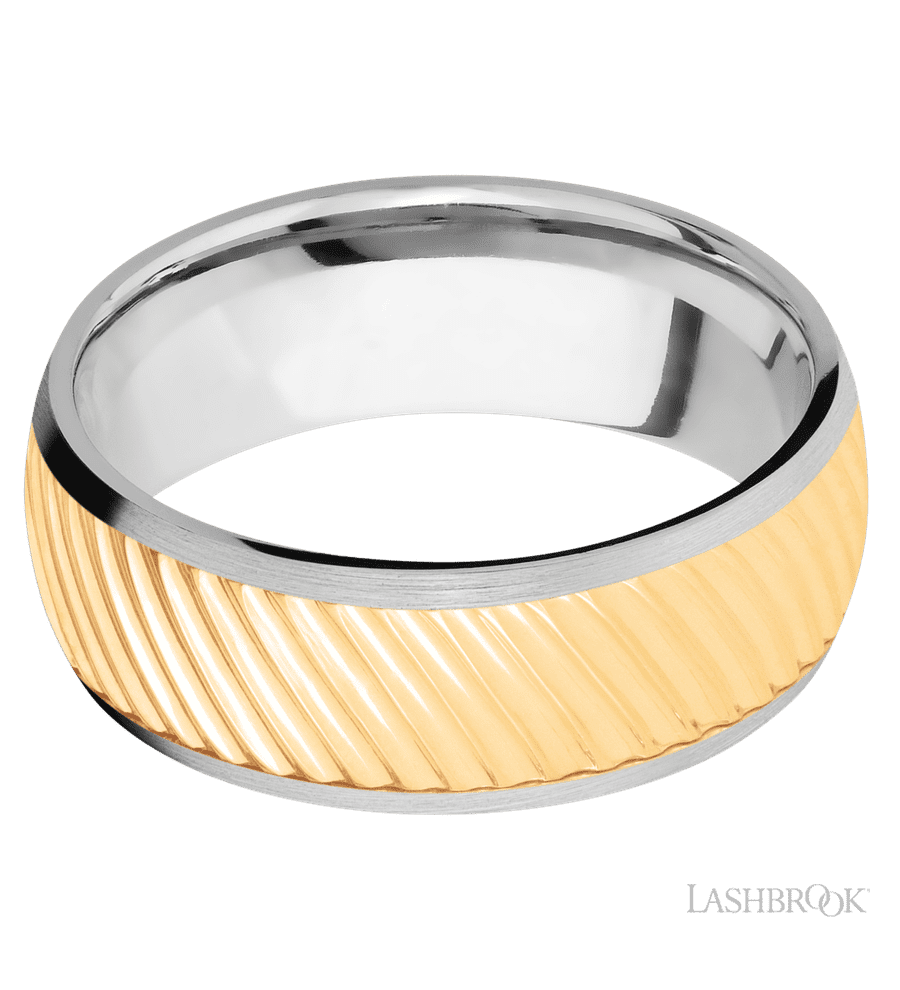 8 mm wide/Domed/14K White Gold band with one 6 mm Centered inlay of 14K Yellow Gold with a machined Ripple pattern.