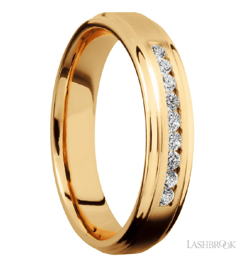 5 mm wide/Flat Grooved Edges/14K Yellow Gold band with an  arrangement of 9, .03 carat Round Diamond stones in a Channel setting.