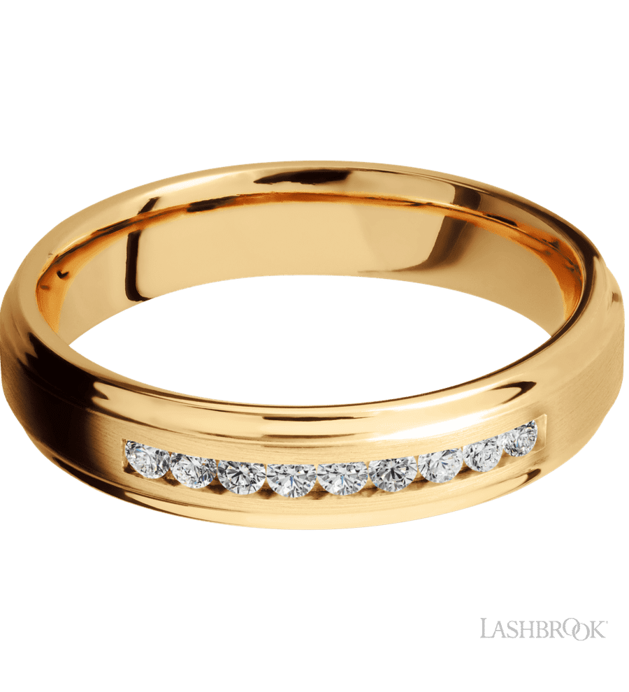 5 mm wide/Flat Grooved Edges/14K Yellow Gold band with an  arrangement of 9, .03 carat Round Diamond stones in a Channel setting.