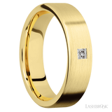 6 mm wide/Flat/14K Yellow Gold band with an  arrangement of 1, .1 carat Princess Diamond stones in a Flush setting.