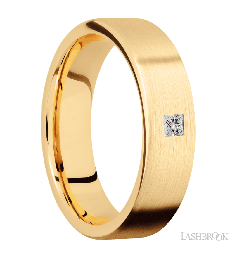 6 mm wide/Flat/14K Yellow Gold band with an  arrangement of 1, .1 carat Princess Diamond stones in a Flush setting.