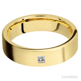 6 mm wide/Flat/14K Yellow Gold band with an  arrangement of 1, .1 carat Princess Diamond stones in a Flush setting.