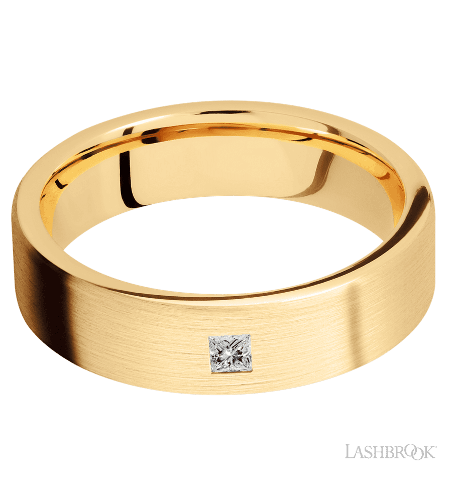 6 mm wide/Flat/14K Yellow Gold band with an  arrangement of 1, .1 carat Princess Diamond stones in a Flush setting.