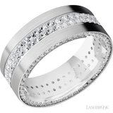 8 mm wide/Flat/14K White Gold band with a Side Eternity arrangement of .01 carat Round Diamond stones in a Bead Channel setting and featuring a a 2 Row Eternity arrangement of .015 carat Round Diamond stones in a Bead Channel setting