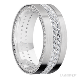 8 mm wide/Flat/14K White Gold band with a Side Eternity arrangement of .01 carat Round Diamond stones in a Bead Channel setting and featuring a a 2 Row Eternity arrangement of .015 carat Round Diamond stones in a Bead Channel setting