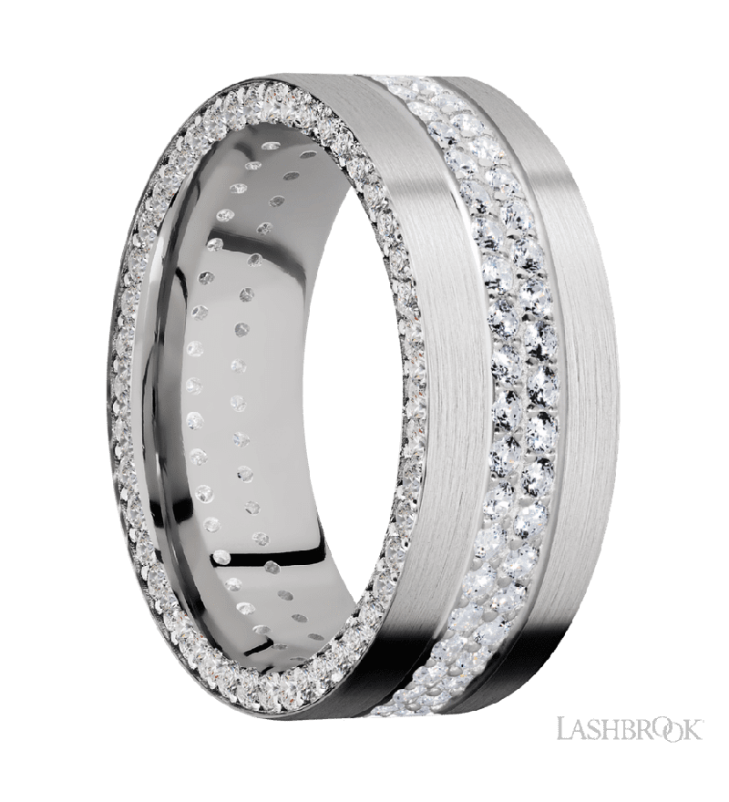 8 mm wide/Flat/14K White Gold band with a Side Eternity arrangement of .01 carat Round Diamond stones in a Bead Channel setting and featuring a a 2 Row Eternity arrangement of .015 carat Round Diamond stones in a Bead Channel setting