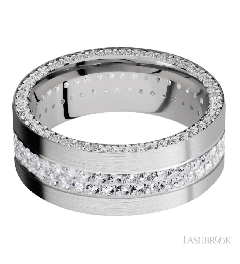 8 mm wide/Flat/14K White Gold band with a Side Eternity arrangement of .01 carat Round Diamond stones in a Bead Channel setting and featuring a a 2 Row Eternity arrangement of .015 carat Round Diamond stones in a Bead Channel setting