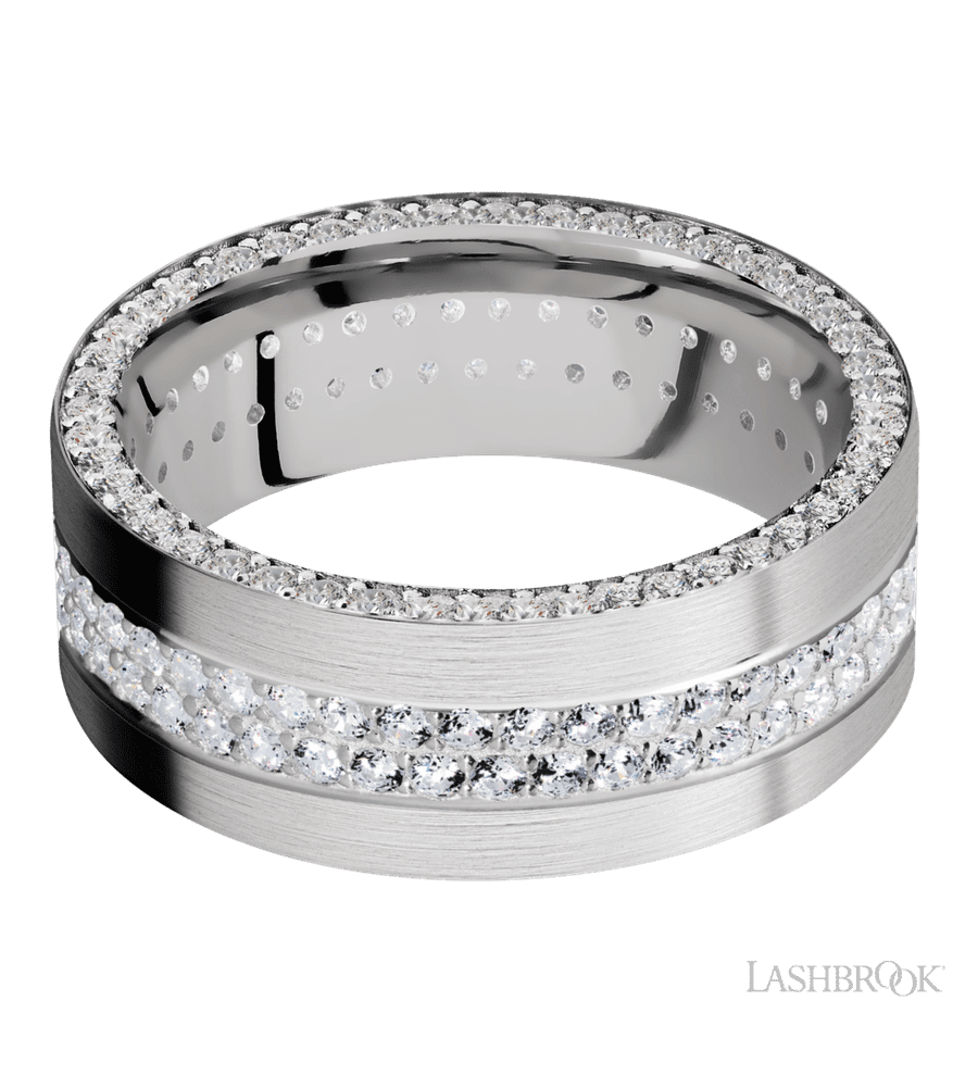 8 mm wide/Flat/14K White Gold band with a Side Eternity arrangement of .01 carat Round Diamond stones in a Bead Channel setting and featuring a a 2 Row Eternity arrangement of .015 carat Round Diamond stones in a Bead Channel setting