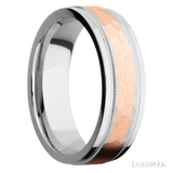 7 mm wide/Flat Stepped Edges Milgrain/Cobalt Chrome band with one 3 mm Centered inlay of 14K Rose Gold.
