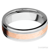 7 mm wide/Flat Stepped Edges Milgrain/Cobalt Chrome band with one 3 mm Centered inlay of 14K Rose Gold.