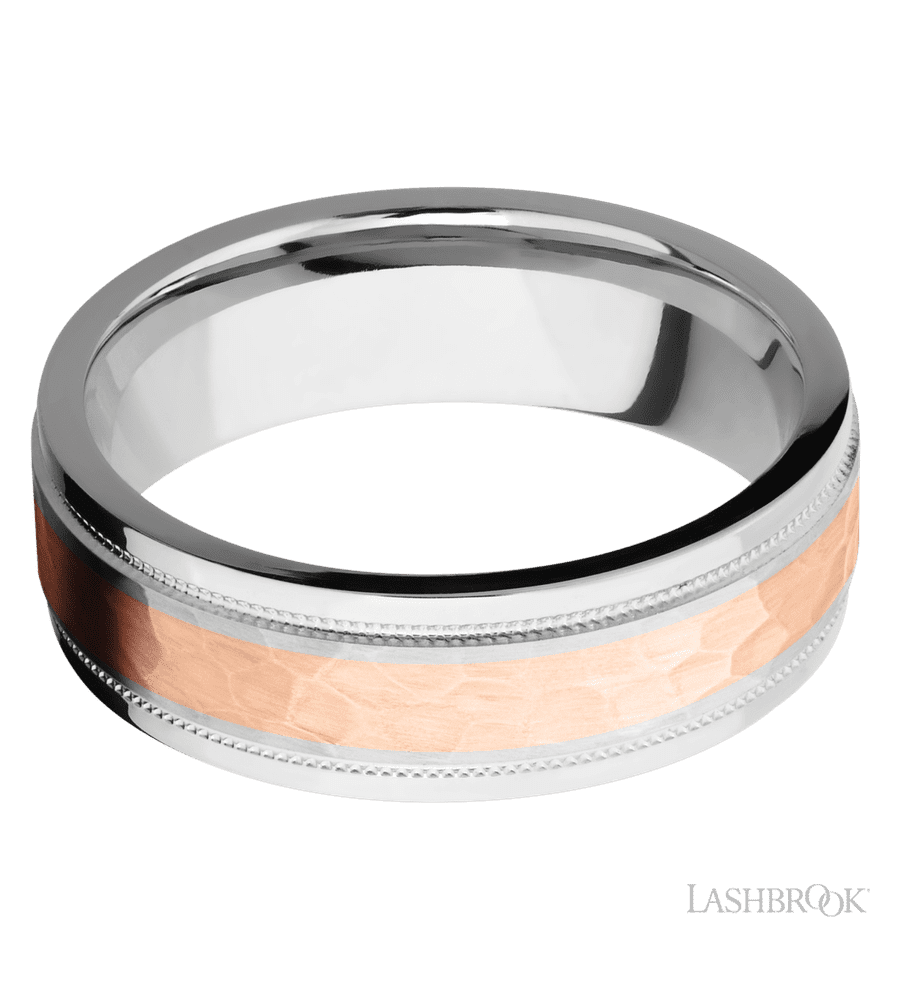 7 mm wide/Flat Stepped Edges Milgrain/Cobalt Chrome band with one 3 mm Centered inlay of 14K Rose Gold.