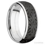 8 mm wide/Domed/Cobalt Chrome band with one 6 mm Centered inlay of Zirconium with a laser carved Escher 1 pattern.