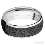 8 mm wide/Domed/Cobalt Chrome band with one 6 mm Centered inlay of Zirconium with a laser carved Escher 1 pattern.