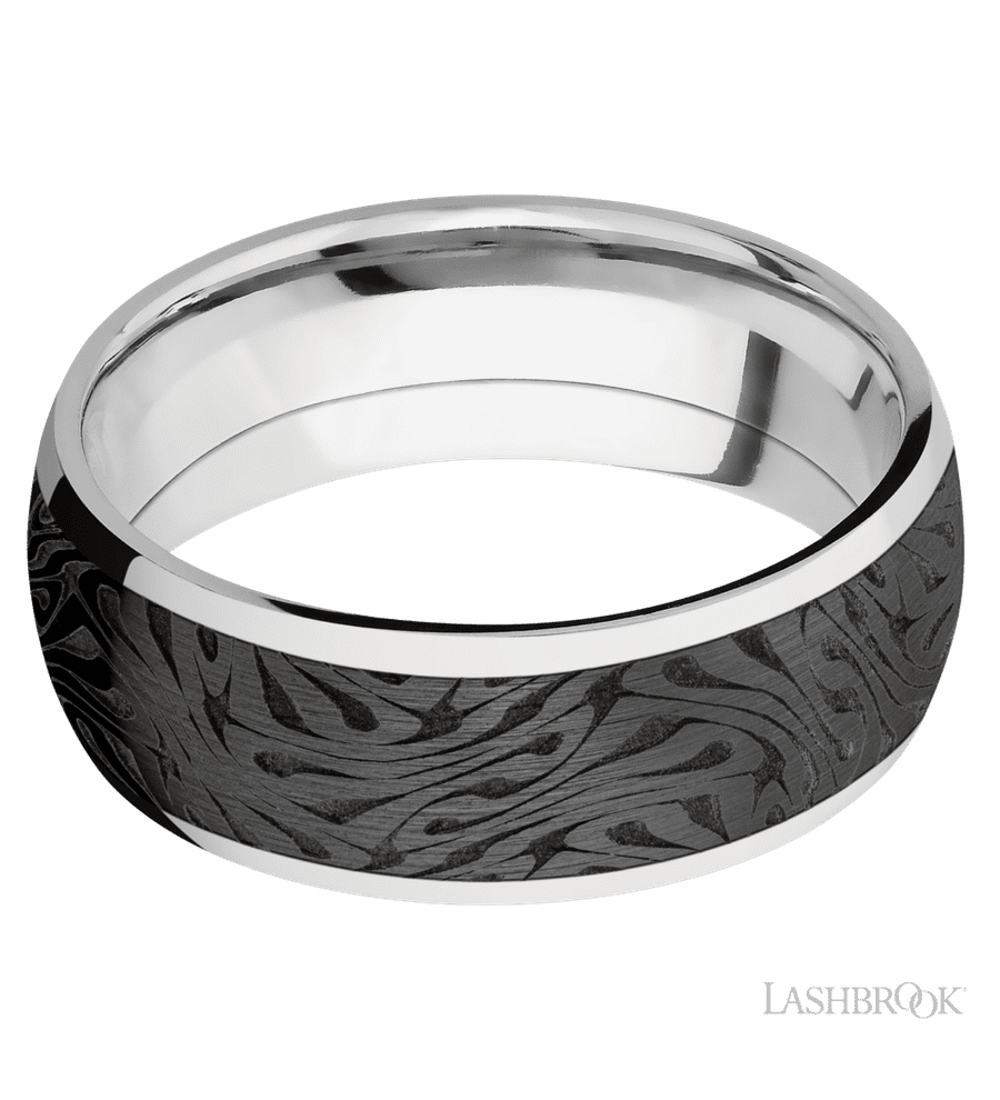 8 mm wide/Domed/Cobalt Chrome band with one 6 mm Centered inlay of Zirconium with a laser carved Escher 1 pattern.
