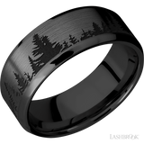 8 mm wide/Beveled/Zirconium band with a laser carved Trees pattern.