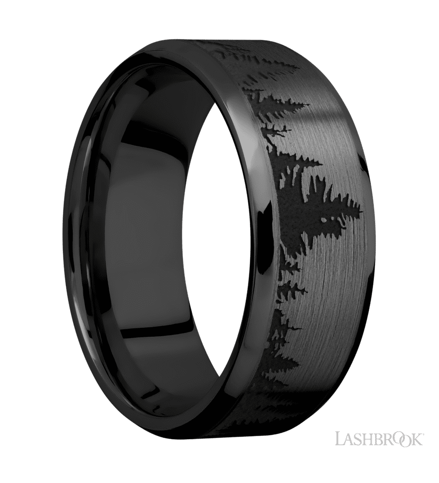 8 mm wide/Beveled/Zirconium band with a laser carved Trees pattern.