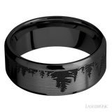 8 mm wide/Beveled/Zirconium band with a laser carved Trees pattern.