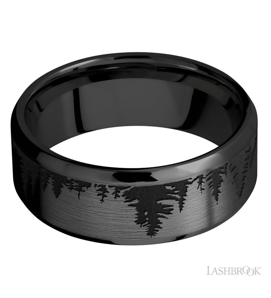 8 mm wide/Beveled/Zirconium band with a laser carved Trees pattern.
