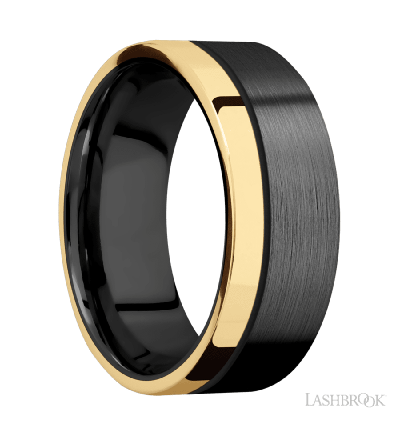 8 mm wide/Flat/Zirconium band with one 2 mm Off Center Edge inlay of 14K Yellow Gold.