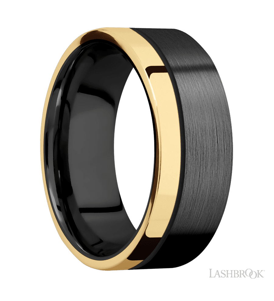 8 mm wide/Flat/Zirconium band with one 2 mm Off Center Edge inlay of 14K Yellow Gold.