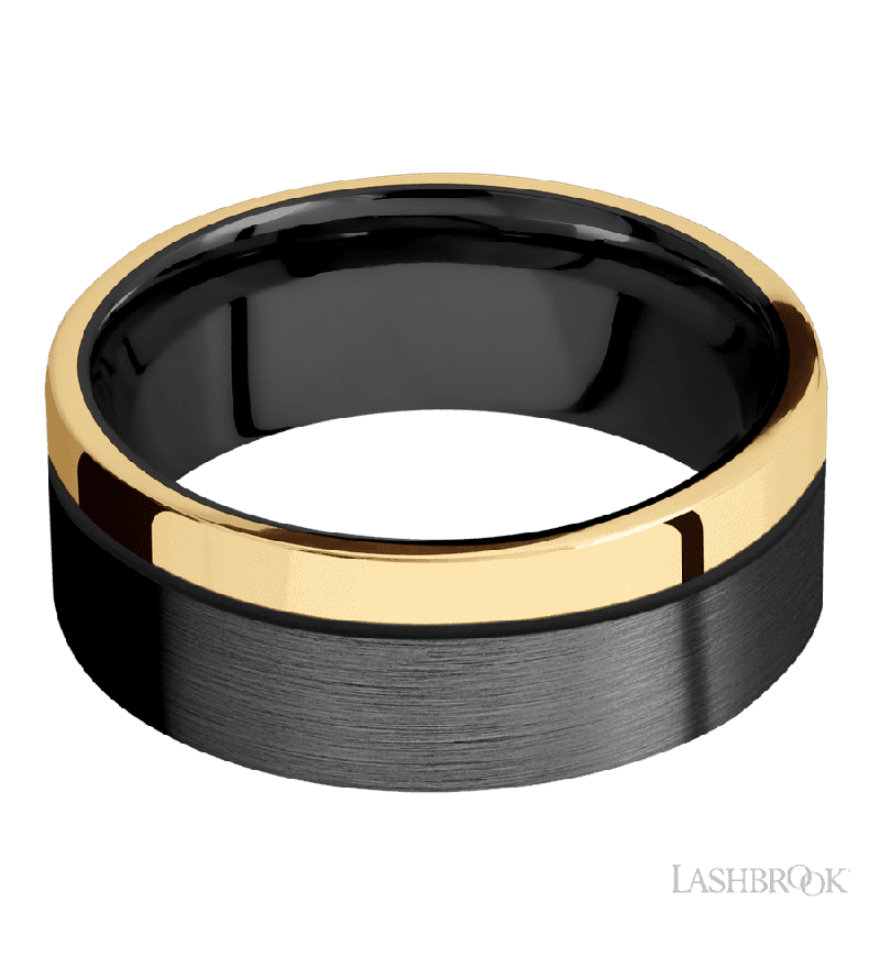 8 mm wide/Flat/Zirconium band with one 2 mm Off Center Edge inlay of 14K Yellow Gold.
