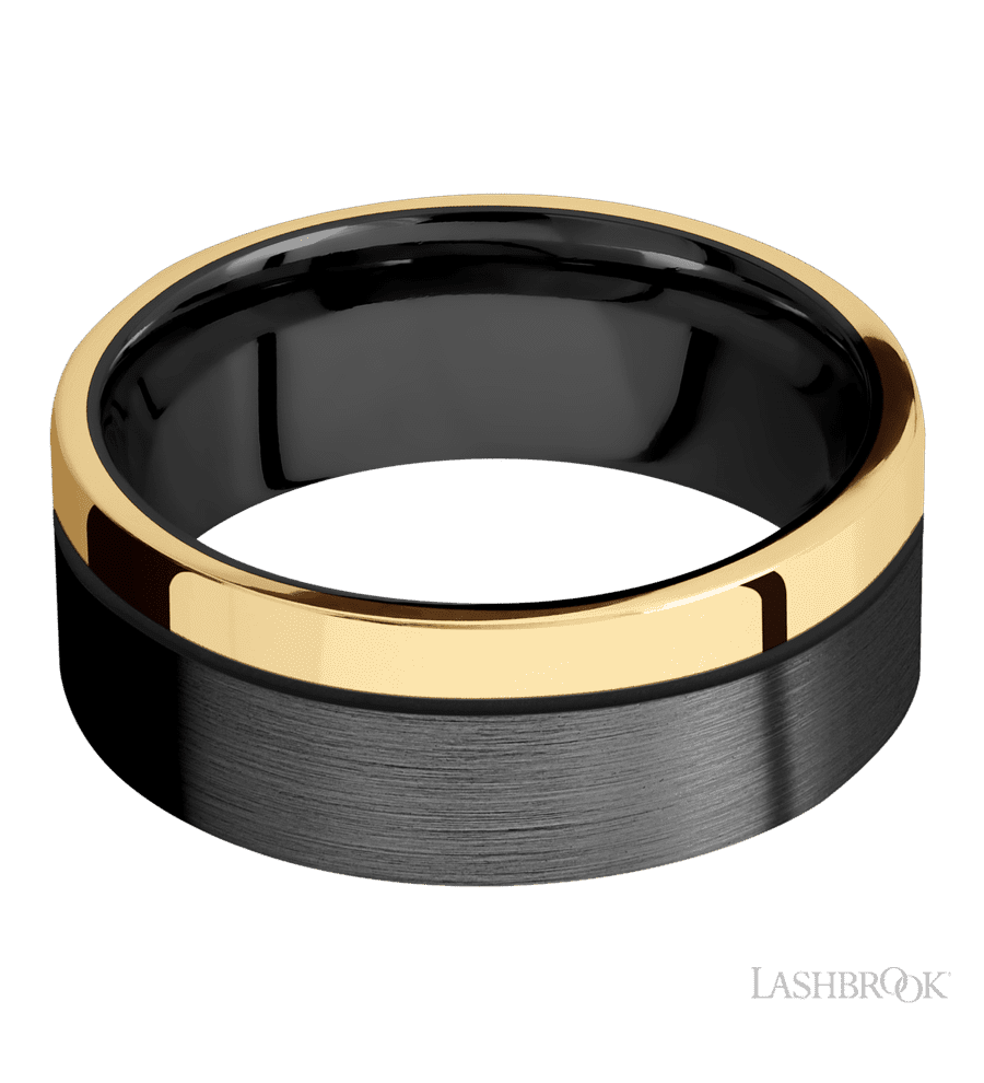 8 mm wide/Flat/Zirconium band with one 2 mm Off Center Edge inlay of 14K Yellow Gold.
