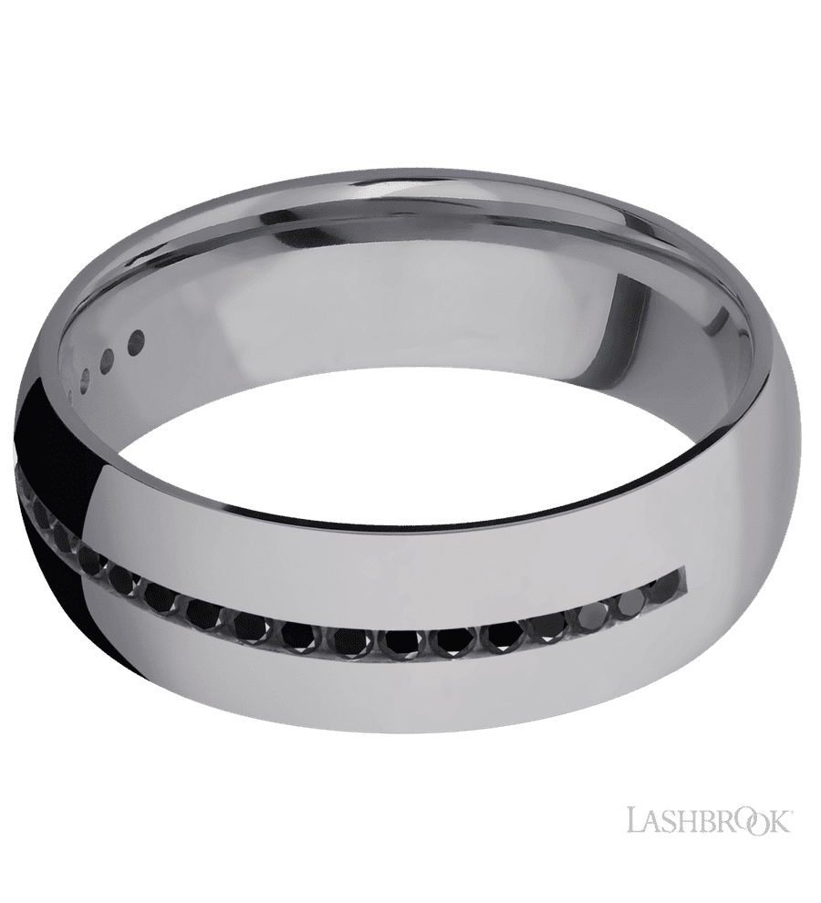 7 mm wide/Domed/Tantalum band with a Half Eternity arrangement of .015 carat Round Black Diamond stones in a Channel setting.