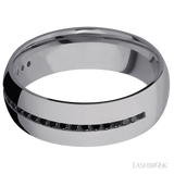 7 mm wide/Domed/Tantalum band with a Half Eternity arrangement of .015 carat Round Black Diamond stones in a Channel setting.