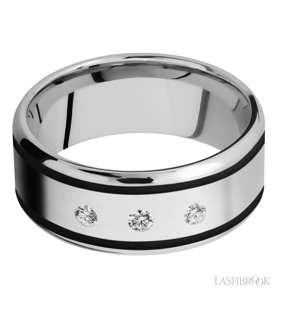 9 mm wide/Beveled/Cobalt Chrome band with  two 1 mm Wide inlays of Black and featuring an  arrangement of 3, .05 carat Round Diamond stones in a Flush setting