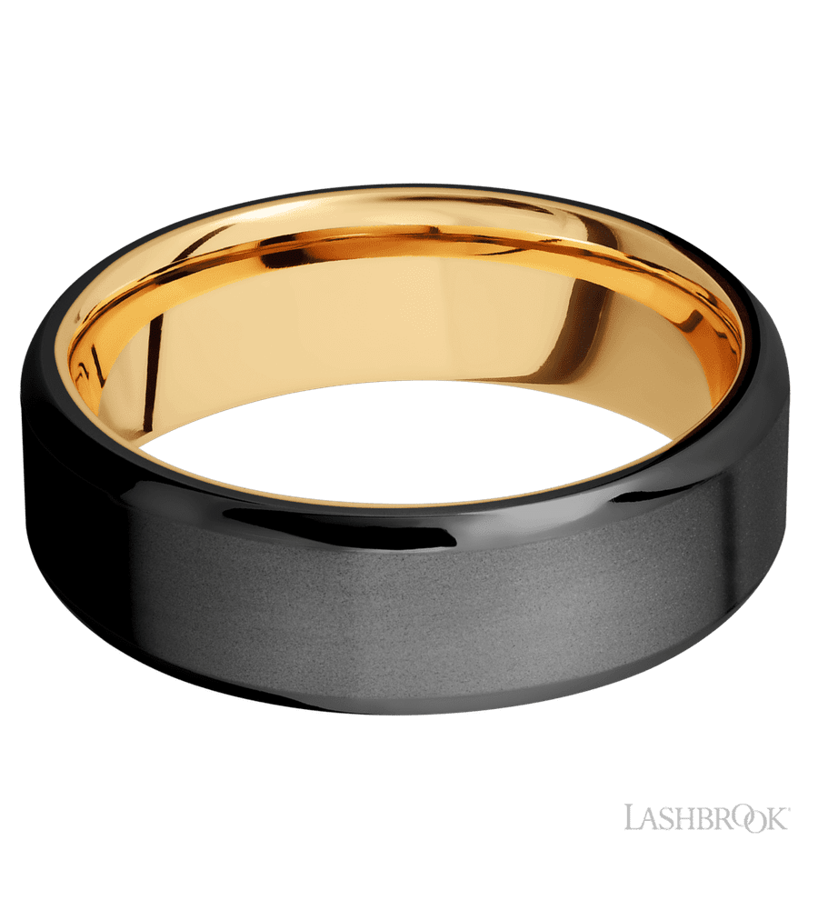 7 mm wide Beveled Zirconium band featuring a 14K Yellow Gold sleeve.