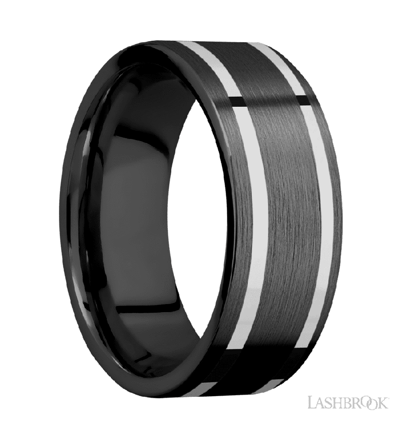 8 mm wide/Flat/Zirconium band with two 1 mm Wide inlays of 14K White Gold.