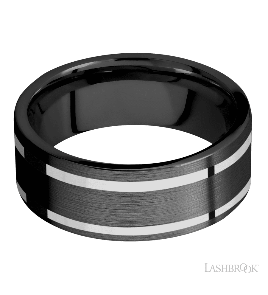 8 mm wide/Flat/Zirconium band with two 1 mm Wide inlays of 14K White Gold.
