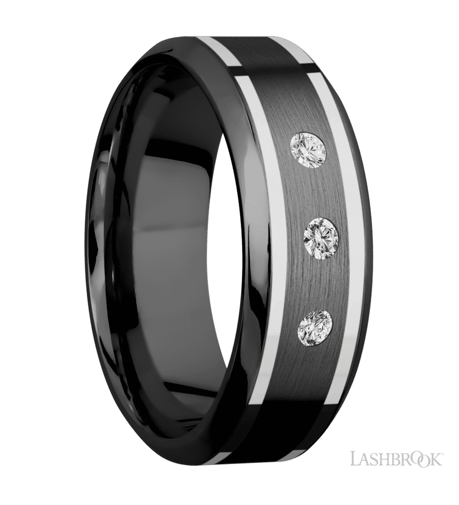 8 mm wide/High Bevel/Zirconium band with  two 1 mm Wide inlays of 14K White Gold and featuring an  arrangement of 3, .05 carat Round Diamond (ST) stones in a Flush setting