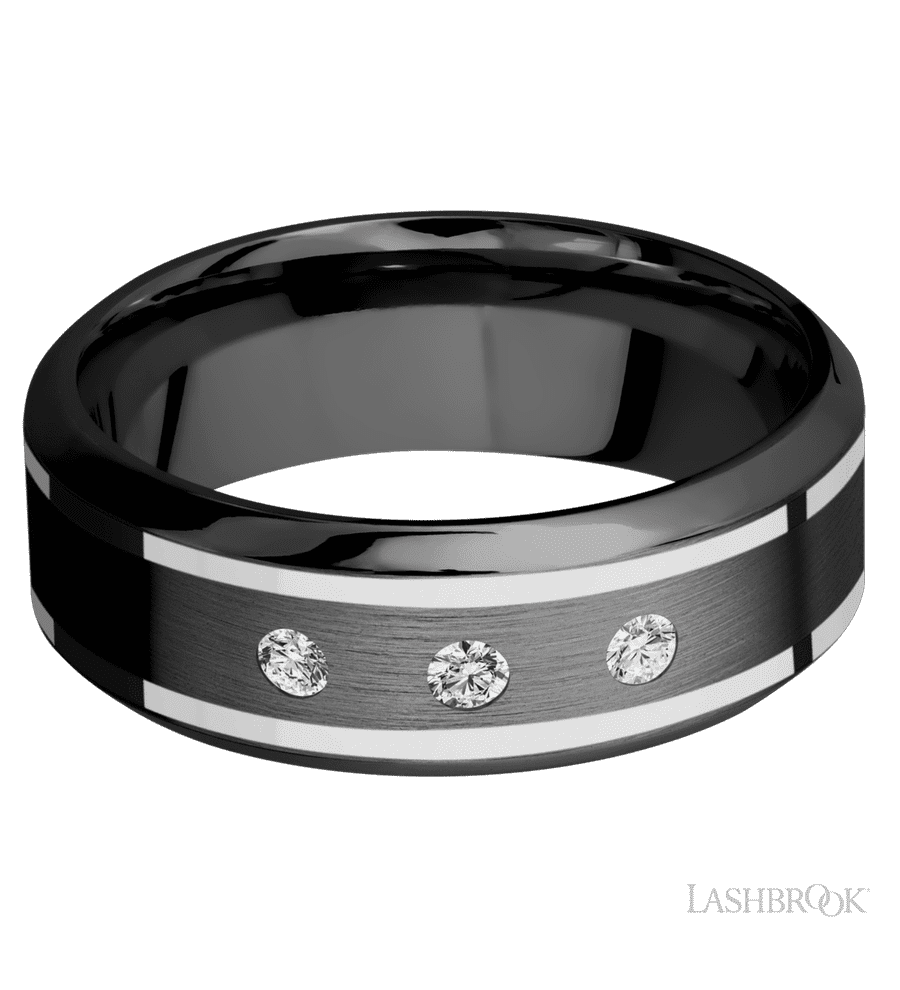 8 mm wide/High Bevel/Zirconium band with  two 1 mm Wide inlays of 14K White Gold and featuring an  arrangement of 3, .05 carat Round Diamond (ST) stones in a Flush setting