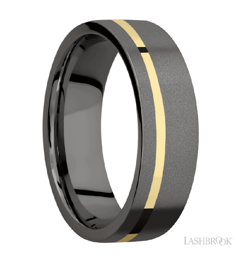 7 mm wide/Flat/Tantalum Noir band with one 1 mm Off Center inlay of 14K Yellow Gold.