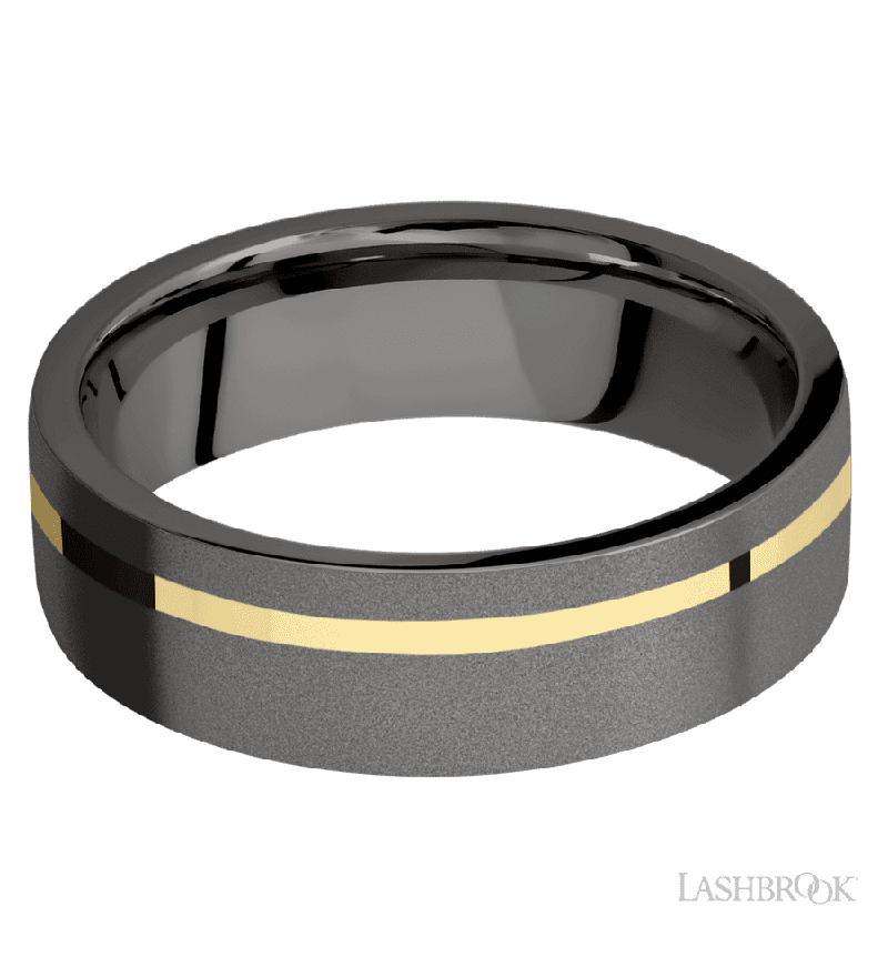 7 mm wide/Flat/Tantalum Noir band with one 1 mm Off Center inlay of 14K Yellow Gold.