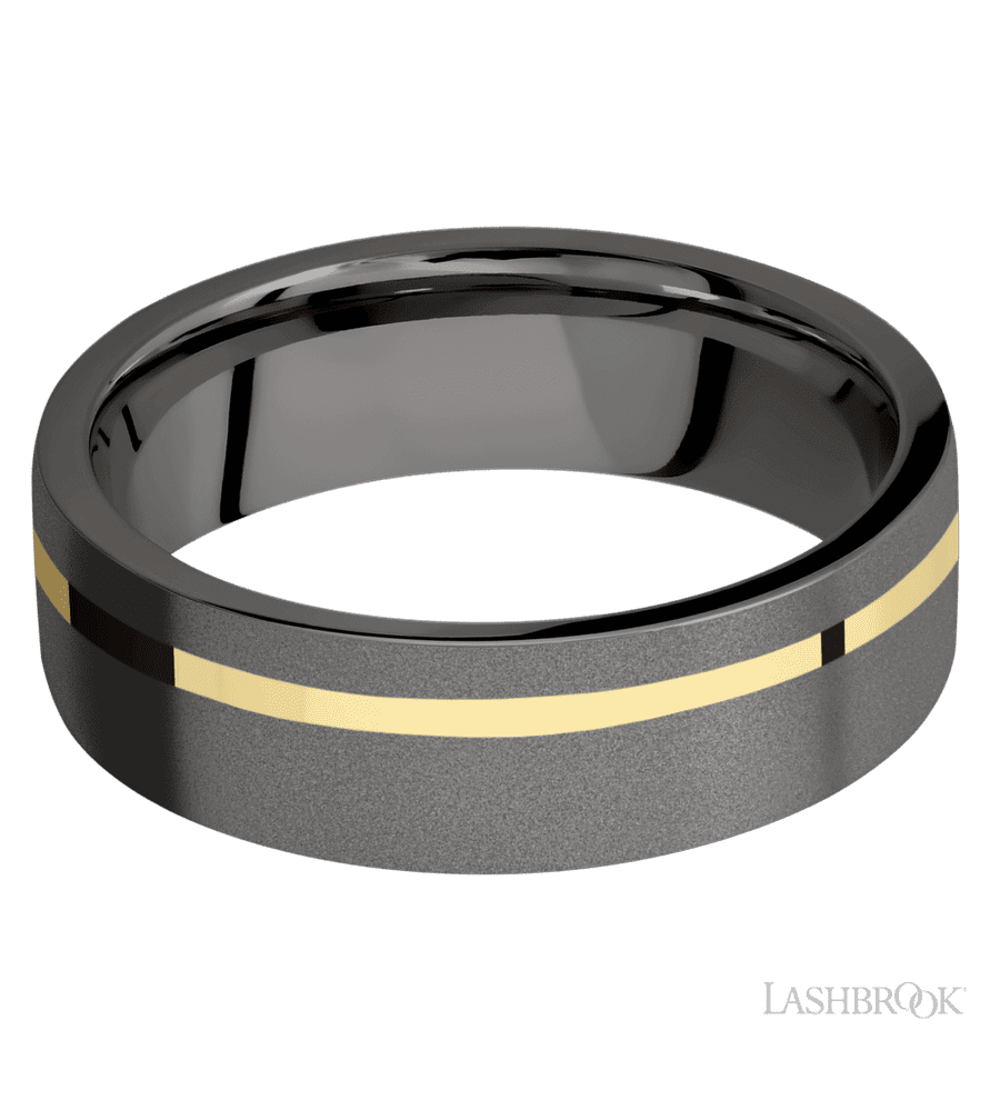 7 mm wide/Flat/Tantalum Noir band with one 1 mm Off Center inlay of 14K Yellow Gold.