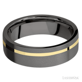 7 mm wide/Flat/Tantalum Noir band with one 1 mm Off Center inlay of 14K Yellow Gold.
