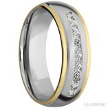 7 mm wide/Domed Stepped Down Edges/Cobalt Chrome band with an  arrangement of 9, .05 carat Round Lab Grown Diamond stones in a Channel setting and featuring two 1 mm Edge inlays of 14K Yellow Gold