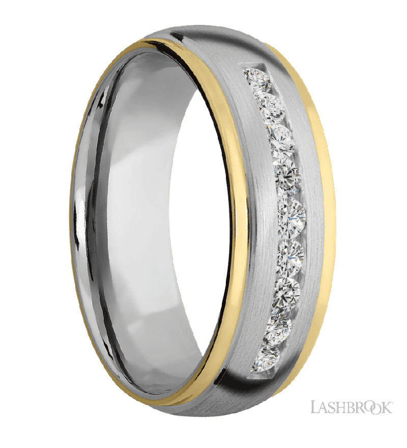 7 mm wide/Domed Stepped Down Edges/Cobalt Chrome band with an  arrangement of 9, .05 carat Round Lab Grown Diamond stones in a Channel setting and featuring two 1 mm Edge inlays of 14K Yellow Gold