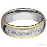 7 mm wide/Domed Stepped Down Edges/Cobalt Chrome band with an  arrangement of 9, .05 carat Round Lab Grown Diamond stones in a Channel setting and featuring two 1 mm Edge inlays of 14K Yellow Gold