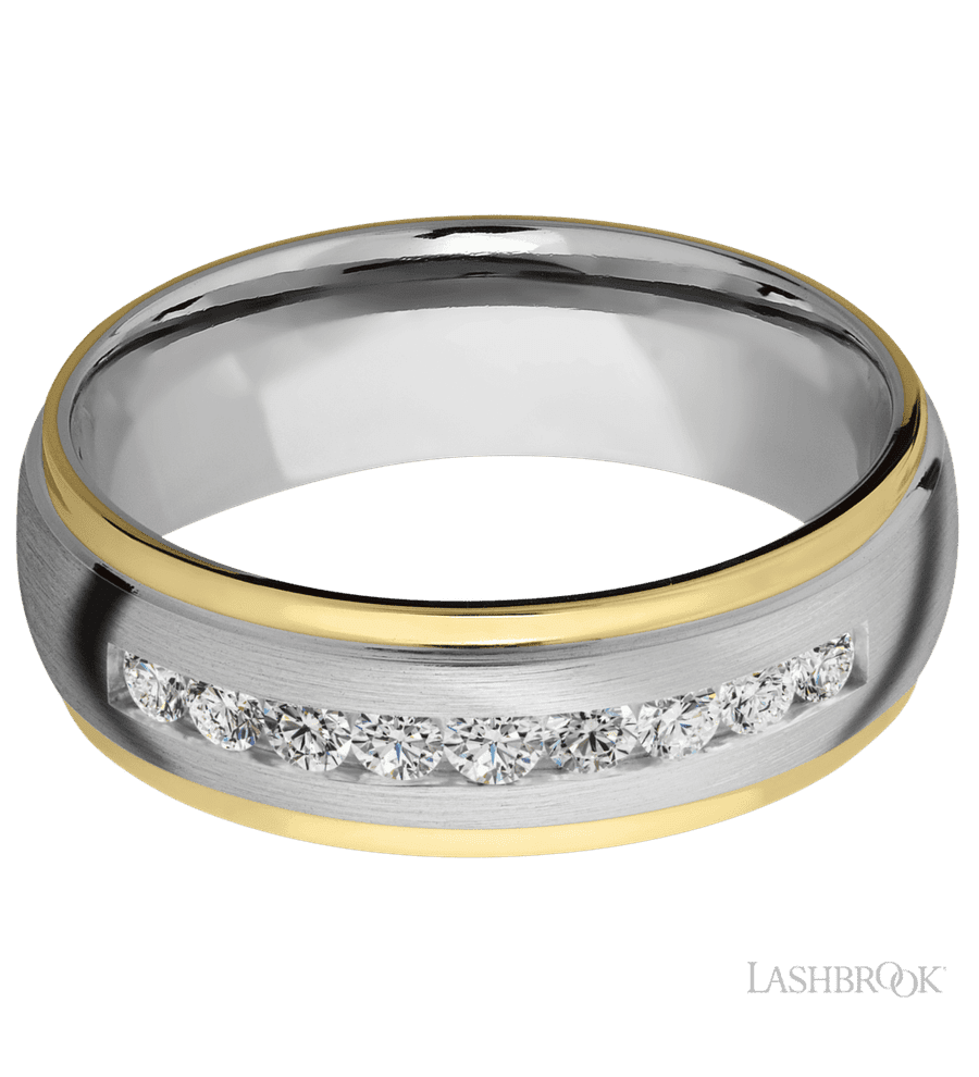 7 mm wide/Domed Stepped Down Edges/Cobalt Chrome band with an  arrangement of 9, .05 carat Round Lab Grown Diamond stones in a Channel setting and featuring two 1 mm Edge inlays of 14K Yellow Gold