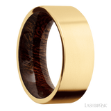 8 mm wide Flat 14K Yellow Gold band featuring a Sapele sleeve.