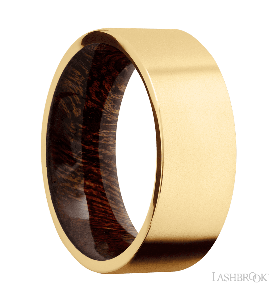 8 mm wide Flat 14K Yellow Gold band featuring a Sapele sleeve.