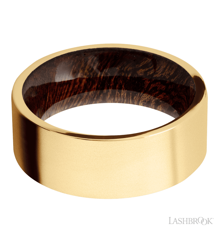 8 mm wide Flat 14K Yellow Gold band featuring a Sapele sleeve.